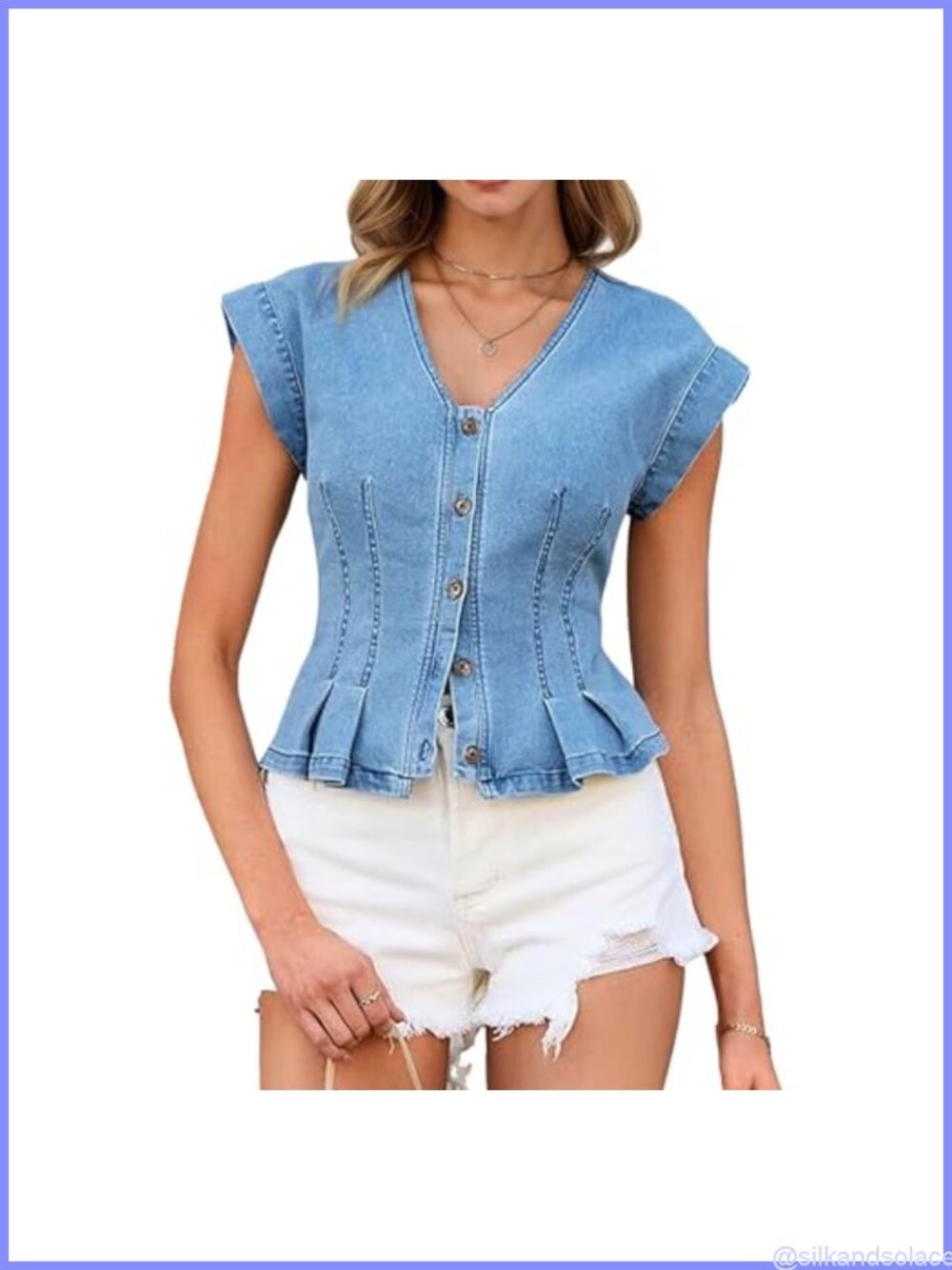 Women's Sleeveless V-Neck Denim Vest Casual Button Front Slim Fit Pleated Top